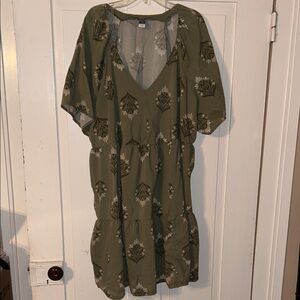 Old Navy V Neck Mini Swing Dress Green 3X Floral Tiered Boho Pockets Flutter